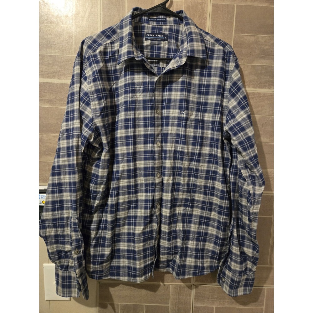 Fish Hippie Shirt‎ Mens L Blue Plaid Collection Button Up Preppy Long Sleeves